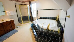 Shower, jetted tub, towels, soap - Panoramic Picturesque Home in Blue Ridge Mtns (Max Meadows)