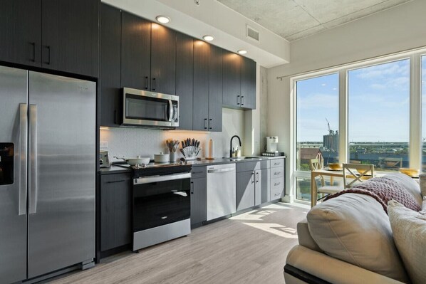 Fridge, microwave, oven, dishwasher