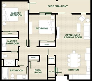 A floor plan of a house with a master bedroom, master bathroom, two regular bedrooms, a bathroom, a bunk room, a laundry area, a utility room, an open living & dining room, a kitchen, and a patio/balcony.