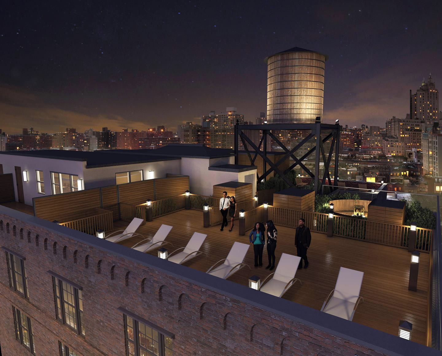 A rooftop terrace with lounge chairs, a water tower, and a city skyline at dusk.