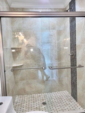 Hair dryer, towels, soap, toilet paper