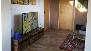A living room with a wooden floor, a TV on a wooden stand, a red rug, and a door in the background. - Vacation apartment Sonnenhaus Oppenhausen directly on the "Ehrbachklamm" dream loop (Boppard)