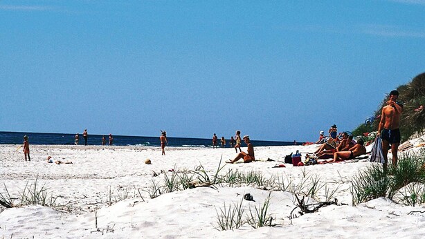 Uma praia com pessoas se banhando e nadando.
