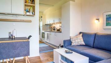 Una sala moderna con un sofá, una mesa de centro y una cocina al fondo.