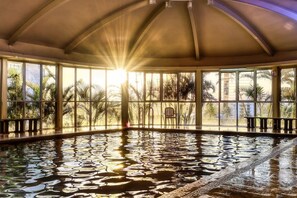 Una piscina interior con vista soleada a palmeras a través de amplios ventanales.