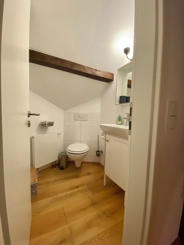 A small, narrow bathroom with a white toilet, a sink, and a mirror above it. There is a wooden beam on the ceiling and a radiator on the wall. - Cozy "Ewig" residential barn with a garden—just a 7-minute walk from Lake Bigge (Attendorn)