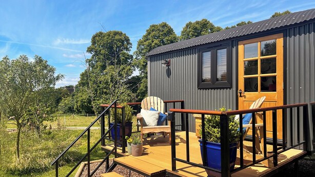 Una cabaña pequeña con terraza, muebles de madera y plantas en macetas.