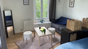 Une pièce moderne et bien éclairée, dotée d’une grande fenêtre, d’un canapé, d’une petite table avec une plante et d’un miroir.
