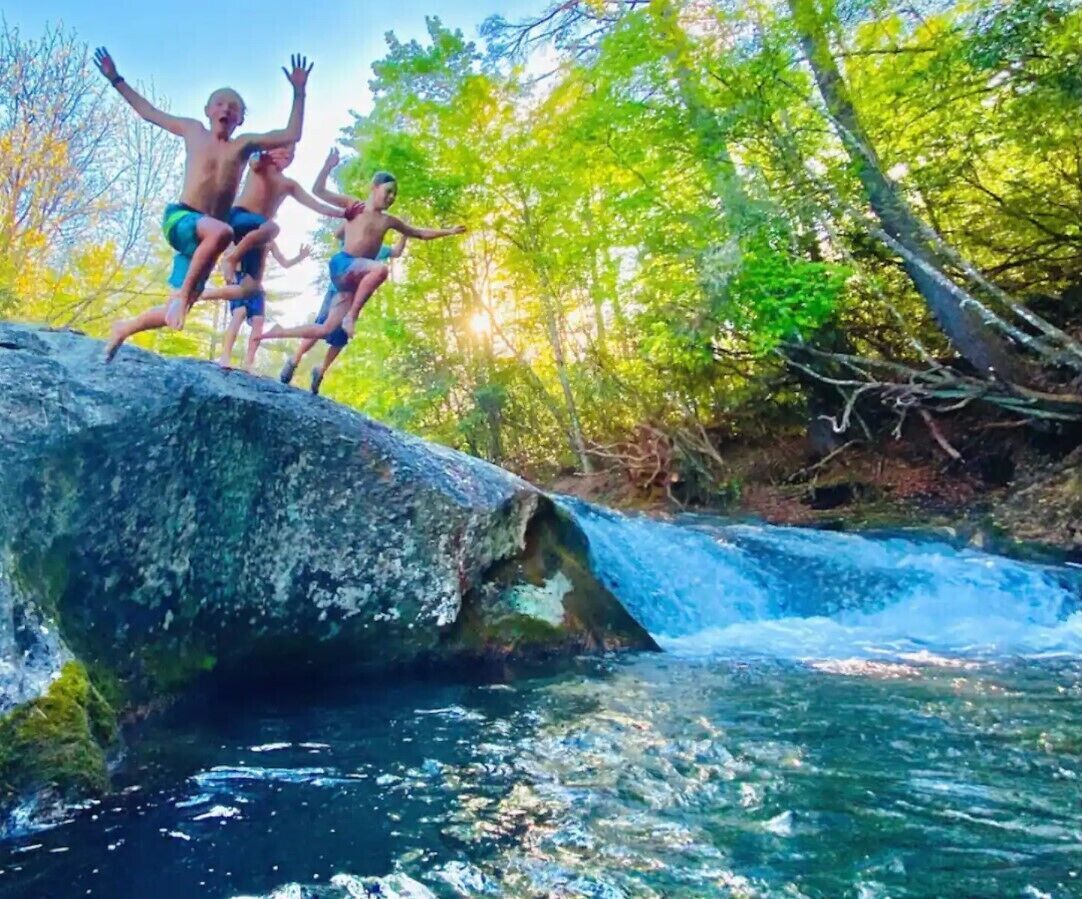 Une formation rocheuse naturelle, sculptée par le courant d’une rivière, avec une végétation luxuriante en arrière-plan.