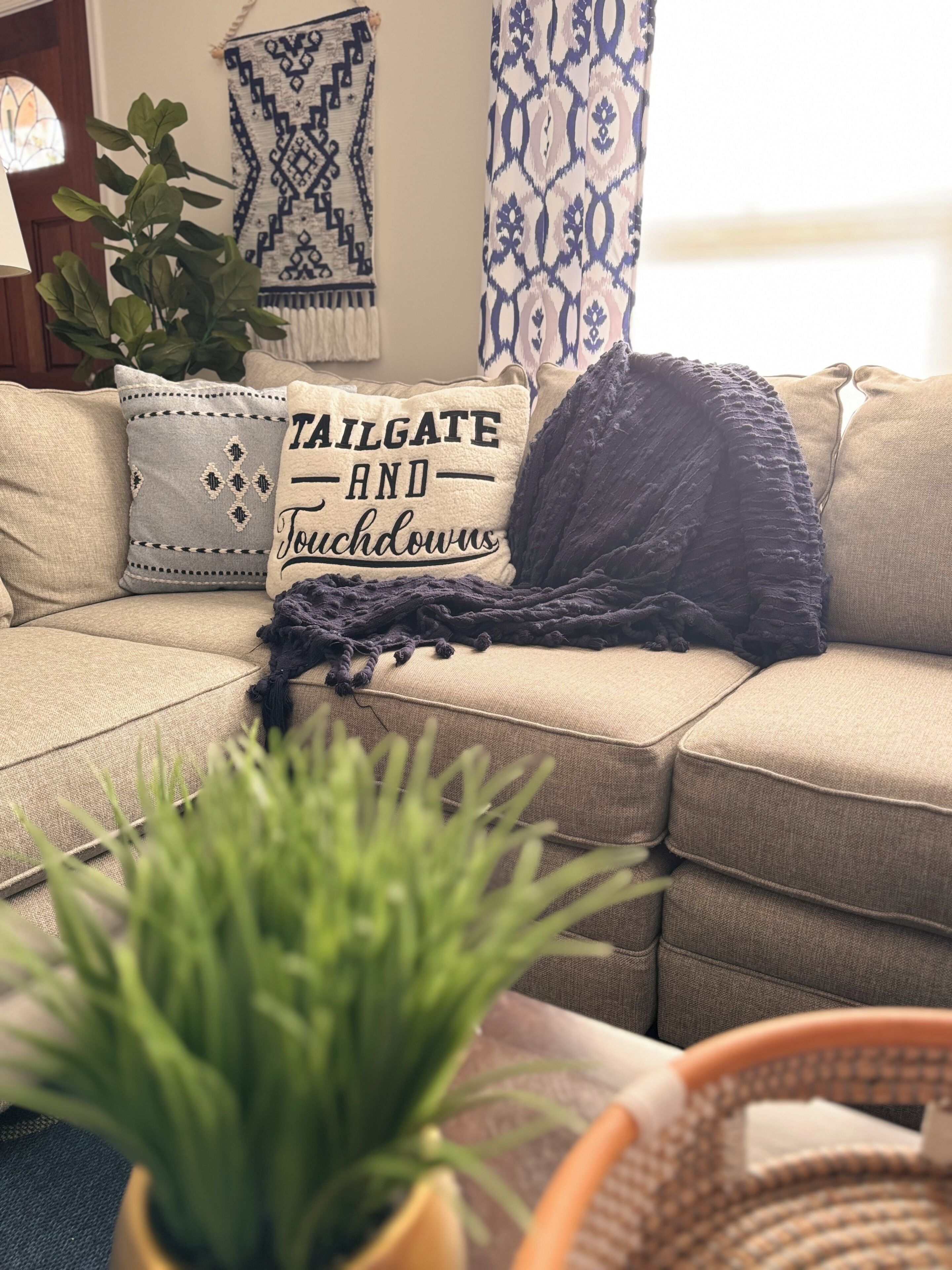 Ein beiges Sofa mit dekorativen Kissen, einer gewobenen Decke und einer Blumentopf-Pflanze im Vordergrund.