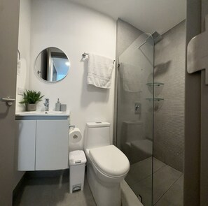 Regadera, toallas, jabón, papel de baño