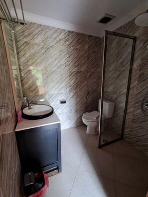 A bathroom with a marble wall, a sink, a toilet, and a shower area.