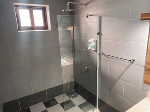 Shower, towels, soap, toilet paper