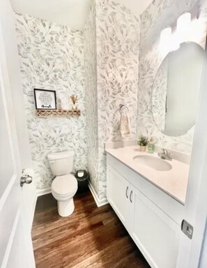 Hair dryer, towels, soap, toilet paper