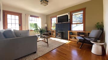 Smart TV, chimenea, libros y biblioteca musical