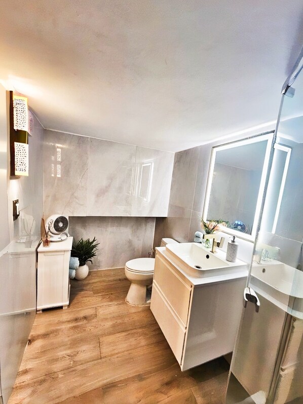 A modern bathroom with a wooden floor, a white toilet, a white sink, and a large mirror.