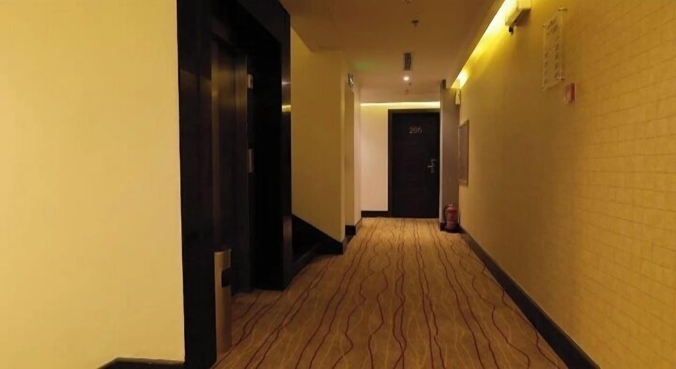 A hallway with a patterned carpet, a fire extinguisher, and a door with the number 206.