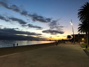 Stroll along the palm-lined promenade, offering a serene atmosphere and a flat-roofed backdrop.