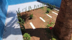 Ein Innenhof mit blauer Wand, einer Palme und einem kleinen Garten mit Pflanzen und Blumen.