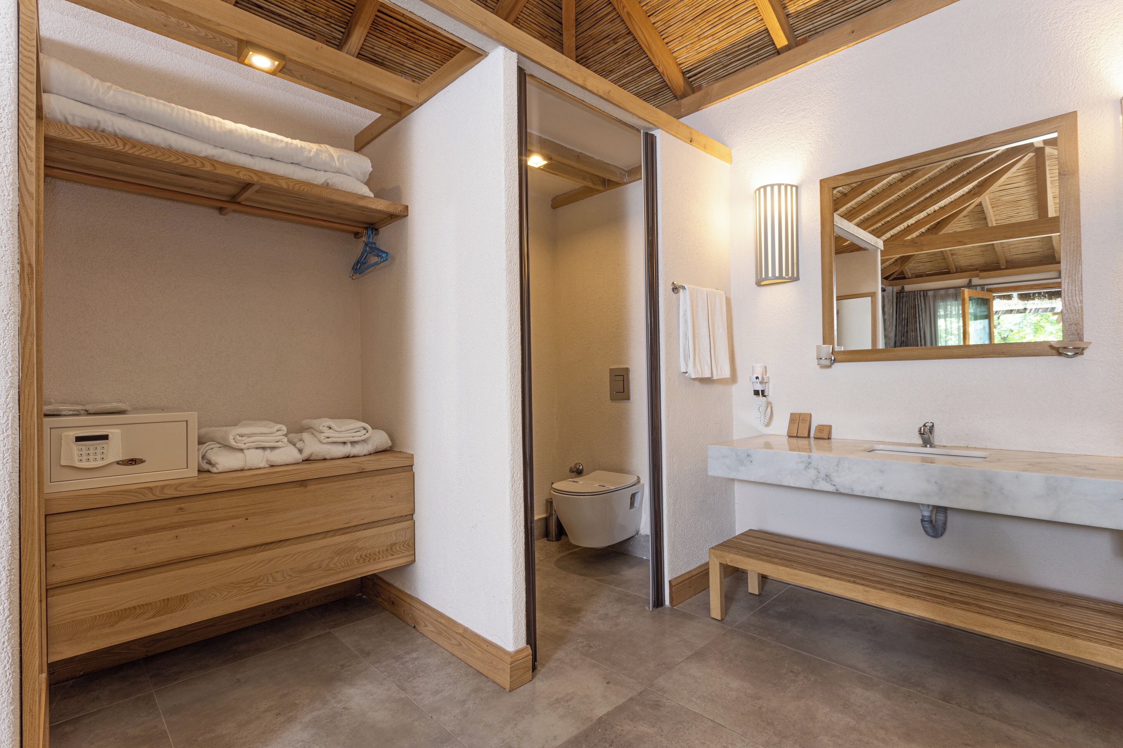 Shower, rainfall showerhead, eco-friendly toiletries, hair dryer