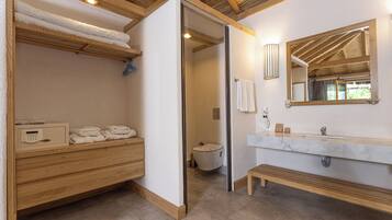 Shower, rainfall showerhead, eco-friendly toiletries, hair dryer