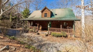 A rustic log cabin with a green metal roof, a porch with a wooden railing, and a small front yard with potted plants.