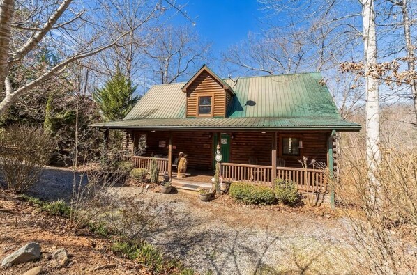 Une cabane rustique en rondins de bois, avec un toit en métal vert, une véranda dotée d’une balustrade en bois et un petit jardin devant la maison, agrémenté de plantes en pot.