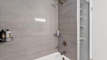 Hair dryer, towels, soap, shampoo