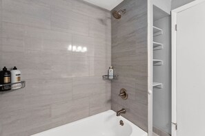Hair dryer, towels, soap, shampoo