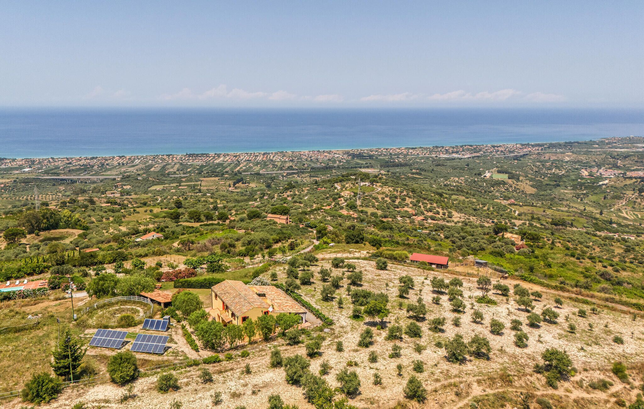 A rural landscape with a house surrounded by olive groves and a distant view of the sea.