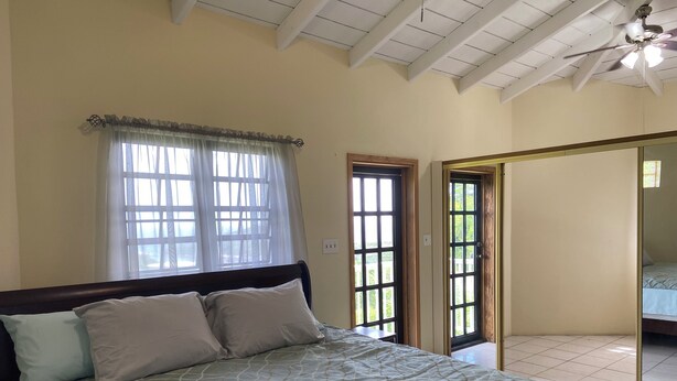Ein Schlafzimmer mit einem Bett, einem Fenster mit Vorhängen, einer Tür und einem Deckenventilator.