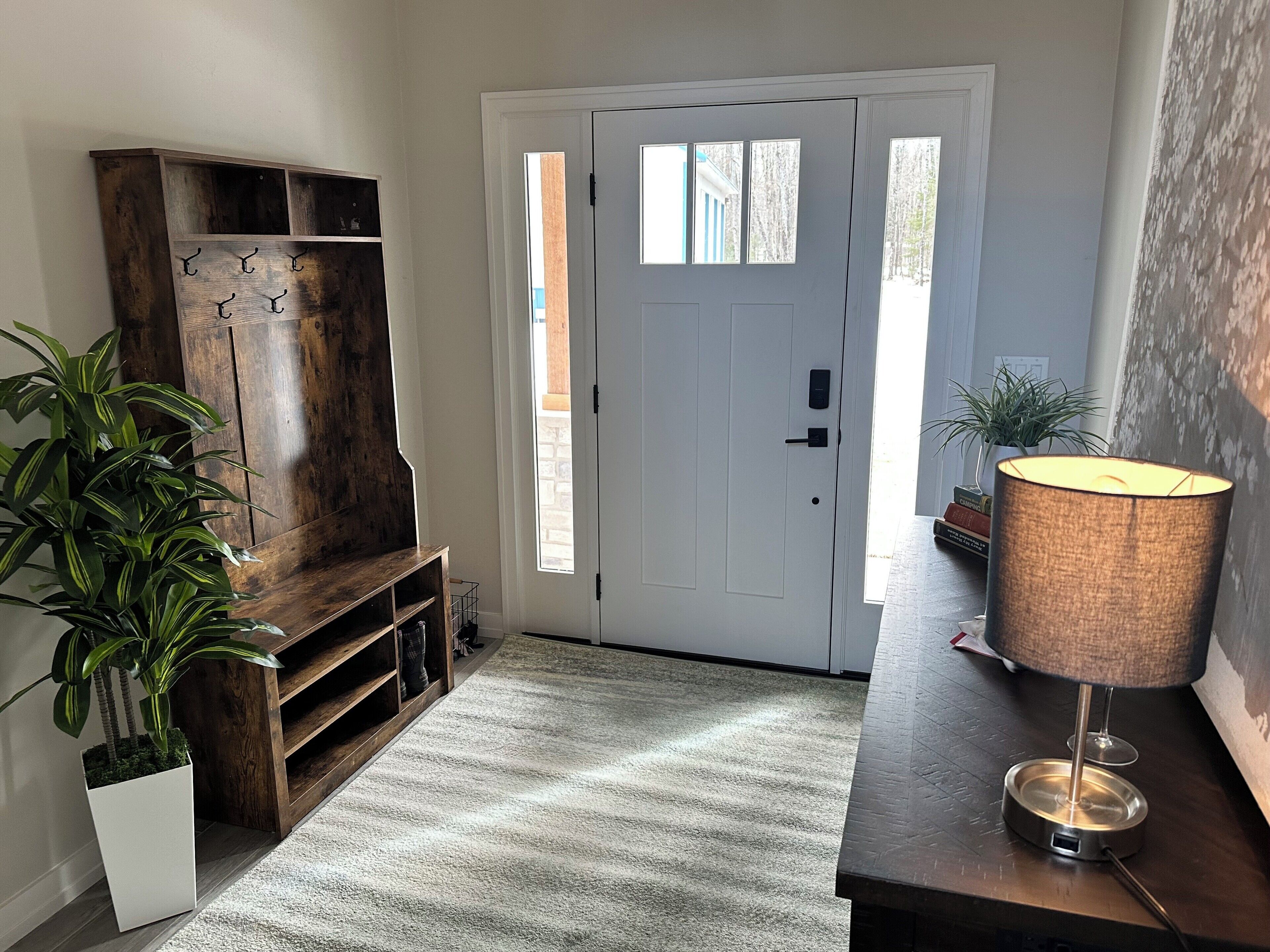 A hallway with a white door, a wooden bench, a potted plant, and a lamp on a table.