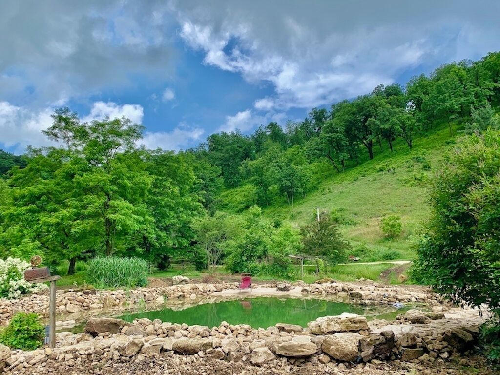 A natural landscape with a pond, surrounded by rocks and greenery.
