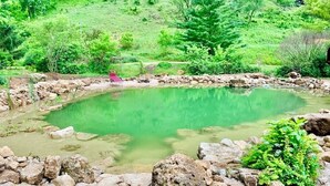 Un estanque natural rodeado de rocas y vegetación, con una silla roja cerca de la orilla.