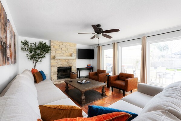 Smart TV, fireplace, video games, table football