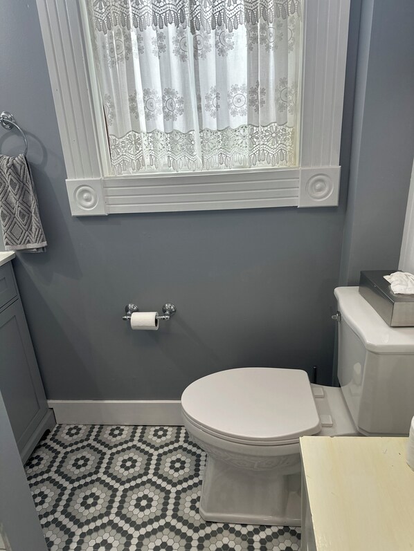 A bathroom with a toilet, a toilet paper holder, a patterned floor, and a window with lace curtains.