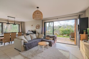 Smart TV, fireplace, DVD player, books