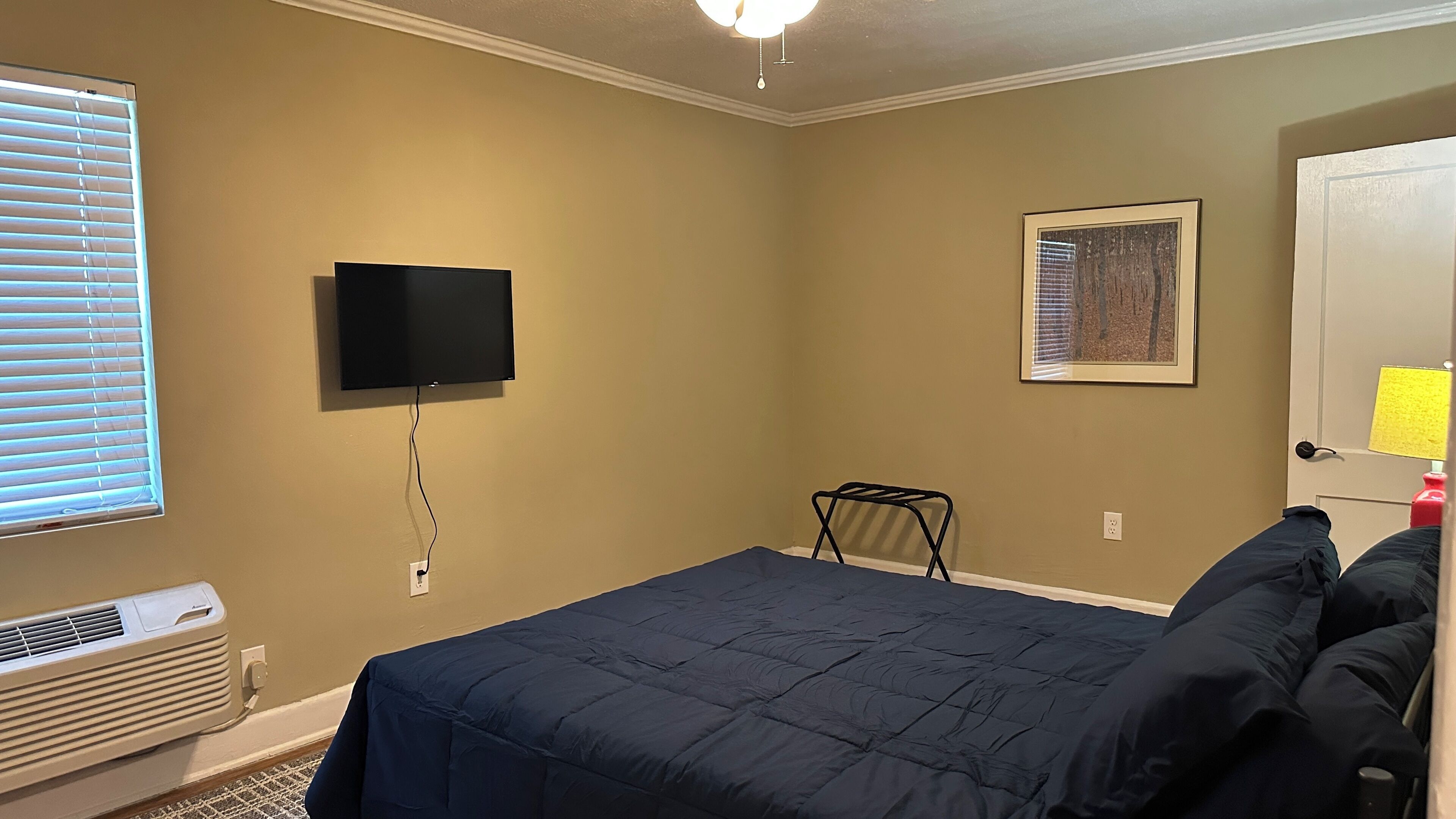 Un dormitorio con cama, televisor montado, radiador, ventana con persianas, un cuadro enmarco y una puerta con mesita de noche.