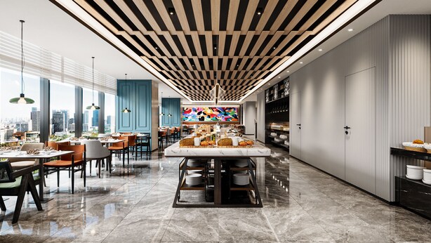 A modern restaurant with a high ceiling, large windows, and a central dining area with a marble floor. - UrCove by Hyatt Lianyungang Railway Station Suning Plaza (Lianyungang)