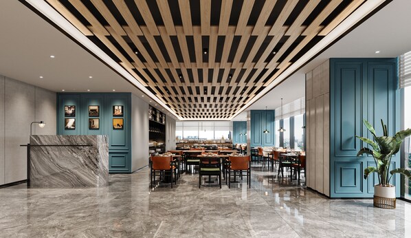 A modern dining area with a wooden ceiling, teal walls, and marble flooring. - UrCove by Hyatt Lianyungang Railway Station Suning Plaza (Lianyungang)
