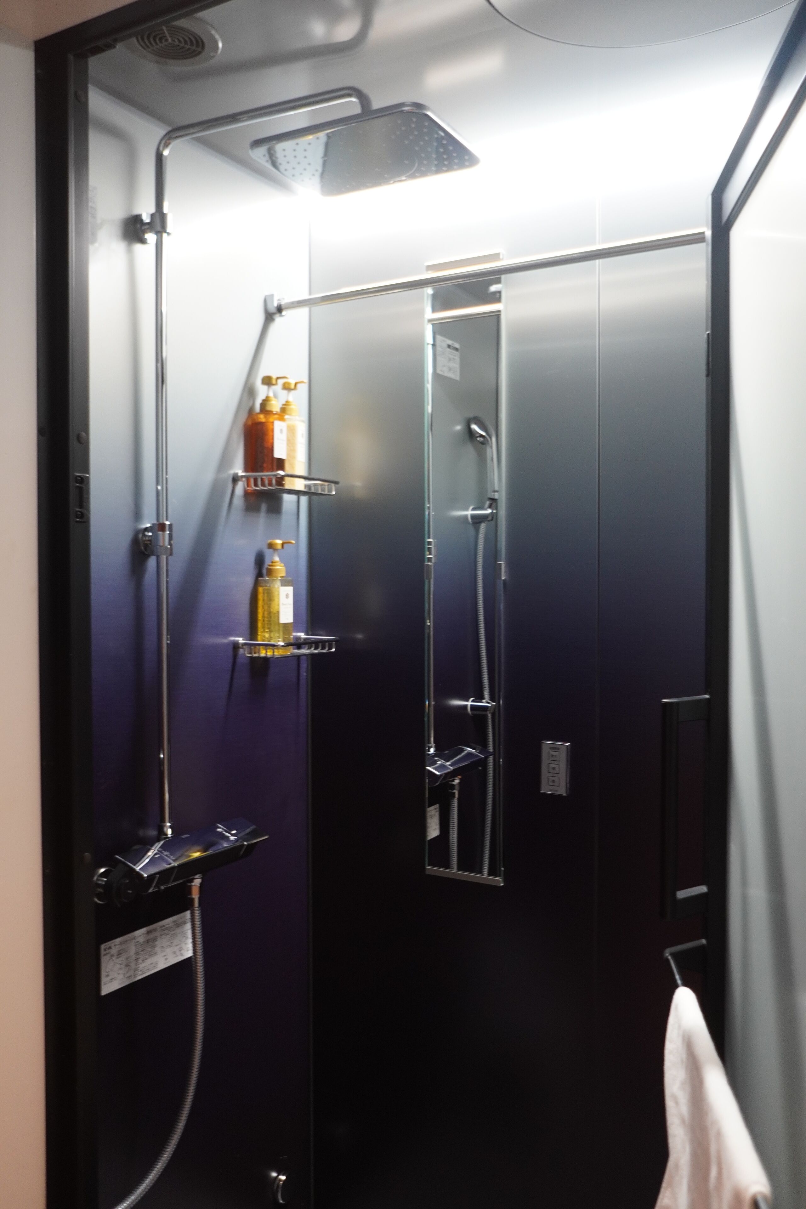 A compact, modern bathroom with a walk-in shower, a mirror, and a towel rack.