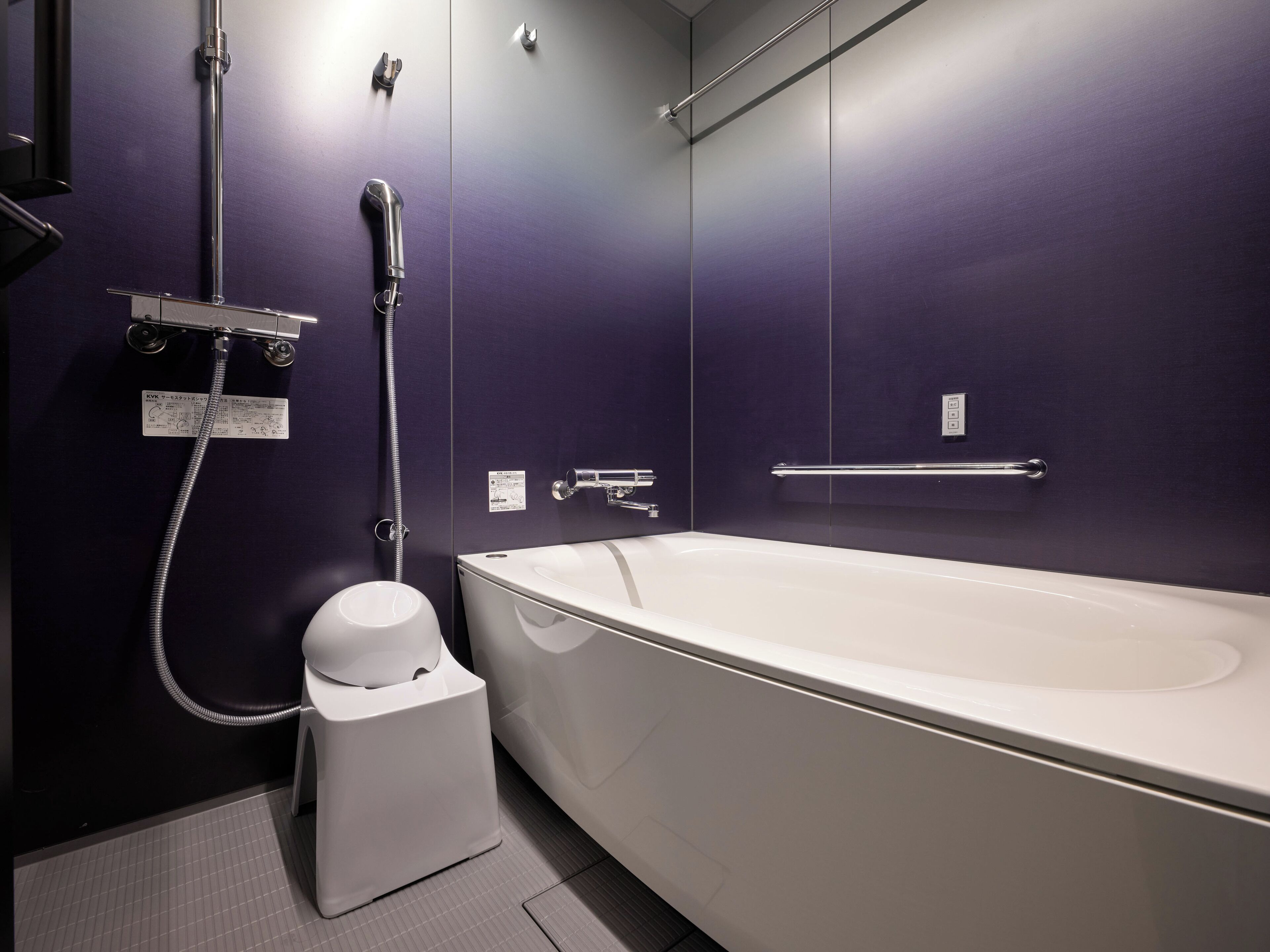 Une salle de bain moderne équipée d’une baignoire, d’une douche et de toilettes.