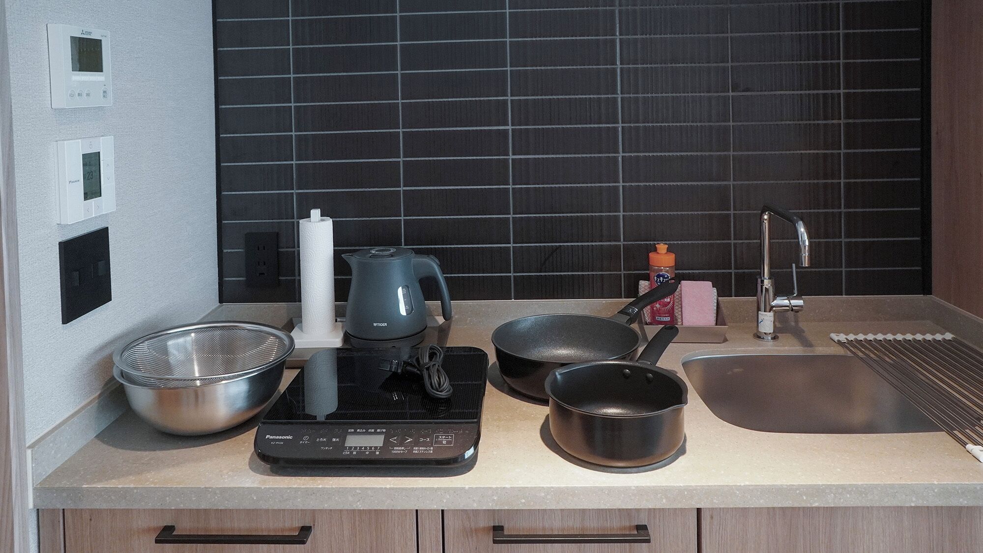 Fridge, microwave, cookware/dishes/utensils