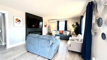Smart TV, fireplace, books