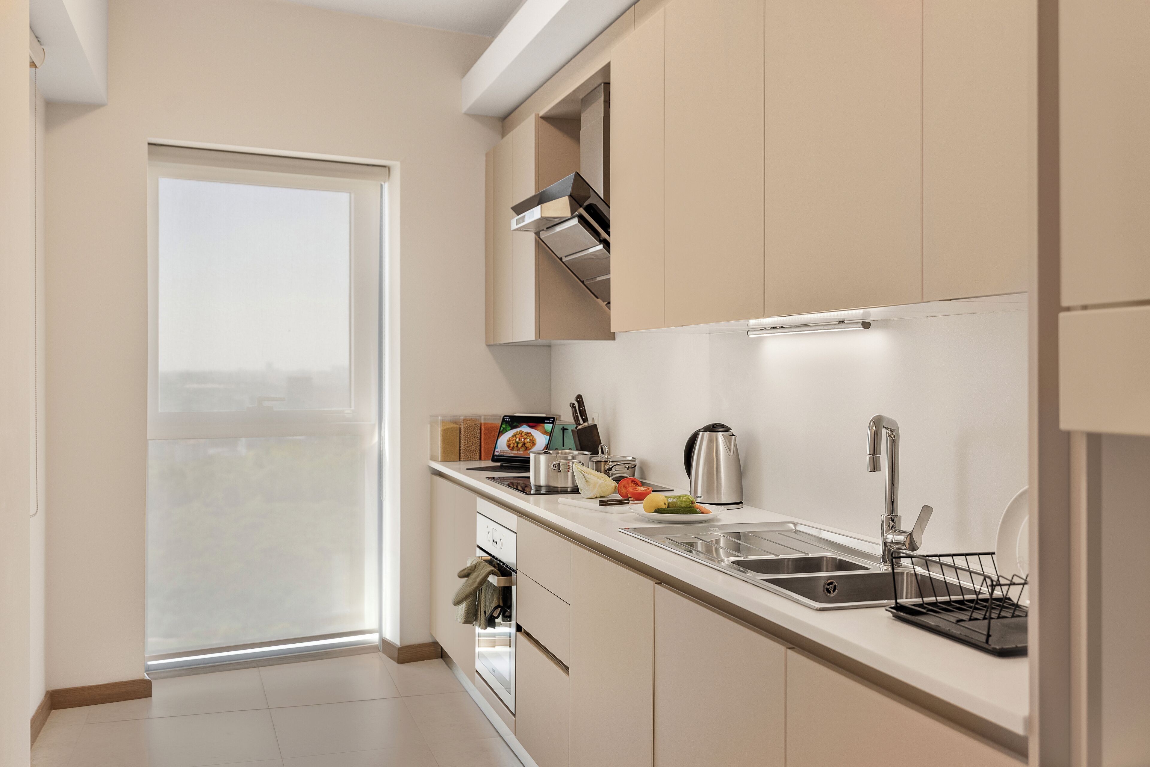 A modern kitchen with a built-in oven, a stainless steel sink, and a window overlooking a cityscape.