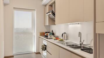 A modern kitchen with a built-in oven, a stainless steel sink, and a window overlooking a cityscape.