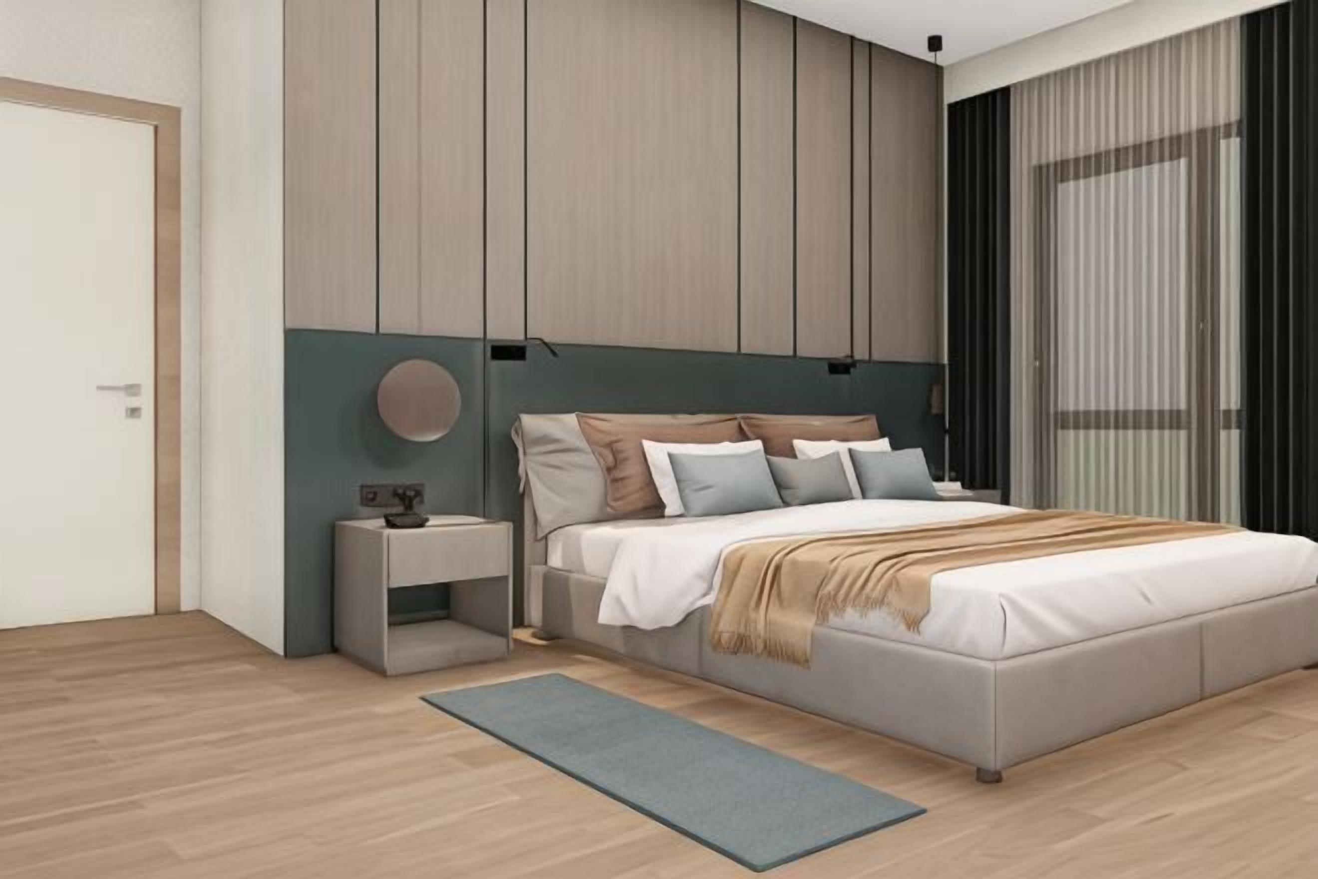A modern bedroom with a bed, bedside tables, a nightstand, a wall-mounted lamp, and a large window.