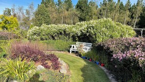 A garden pathway with a bench, surrounded by various plants and trees. - Country Getaway - Studio room with Ensuite in seven-acre landscaped gardens. (Waitohi)