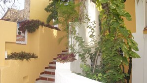 Eine Treppe führt zu einer Tür, umgeben von Pflanzen und einer gelben Wand.