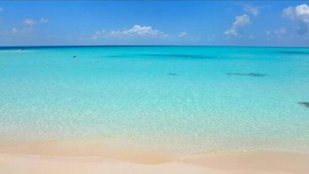 Ein Strand mit klarem türkisblauem Wasser und einem Sandstrand.